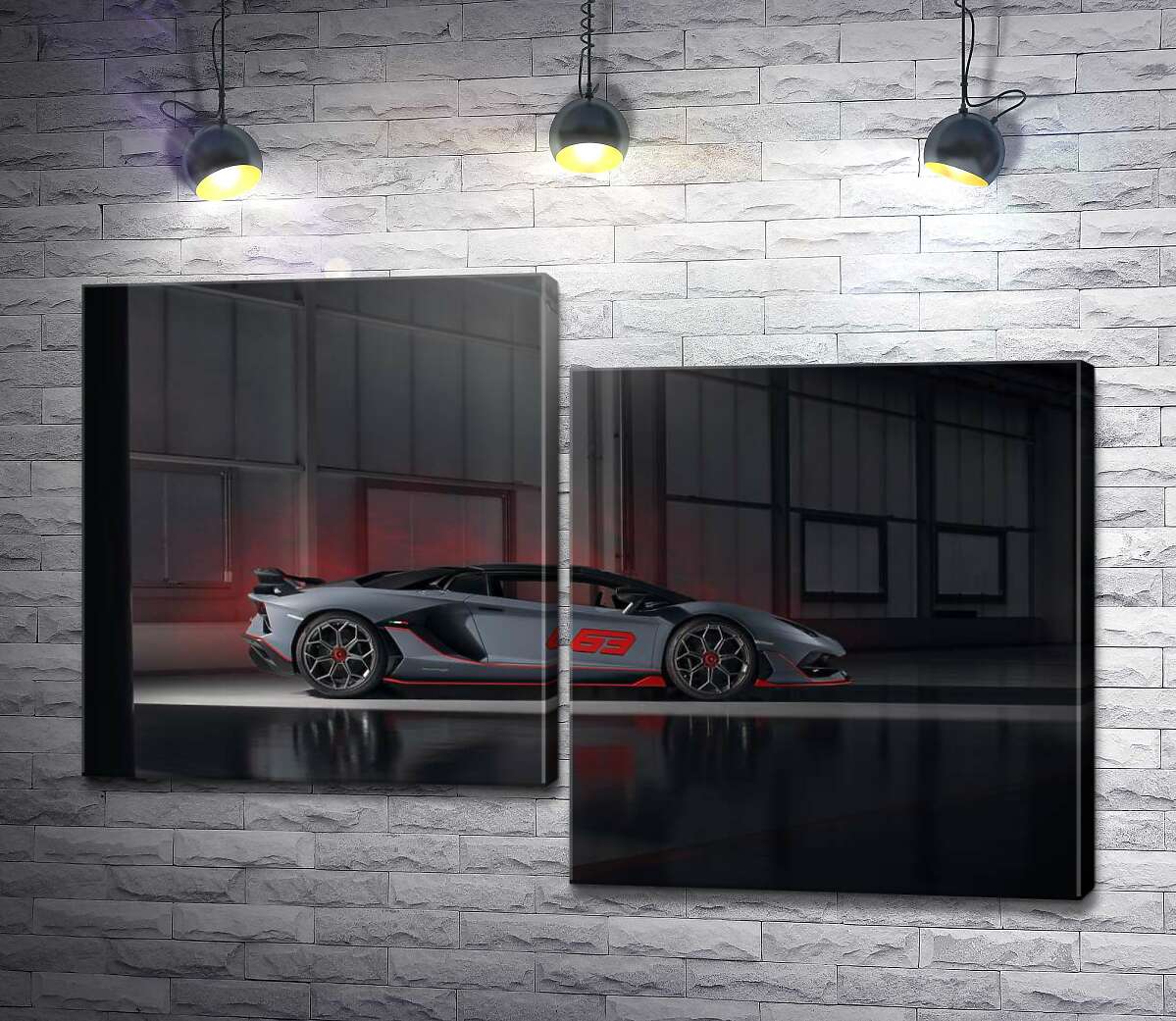 модульная картина Серебристый автомобиль Lamborghini Aventador S 2018 в ангаре (Модуль №9)