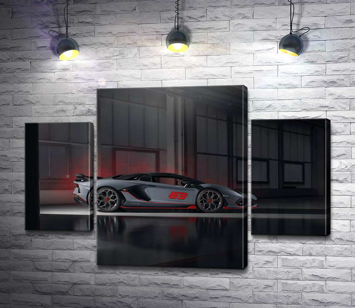 модульна картина Сріблястий автомобіль Lamborghini Aventador S 2018 в ангарі (Модуль №5)