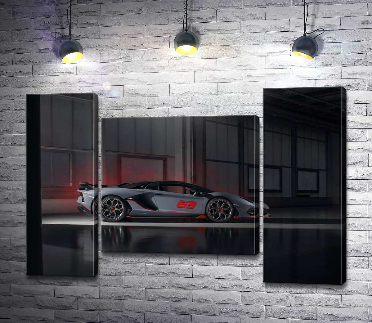 модульна картина Сріблястий автомобіль Lamborghini Aventador S 2018 в ангарі (Модуль №11)