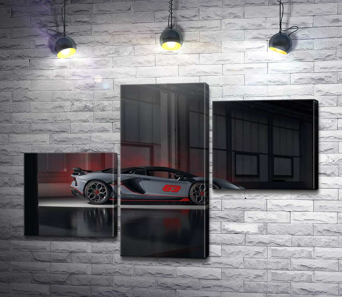 модульна картина Сріблястий автомобіль Lamborghini Aventador S 2018 в ангарі (Модуль №12)
