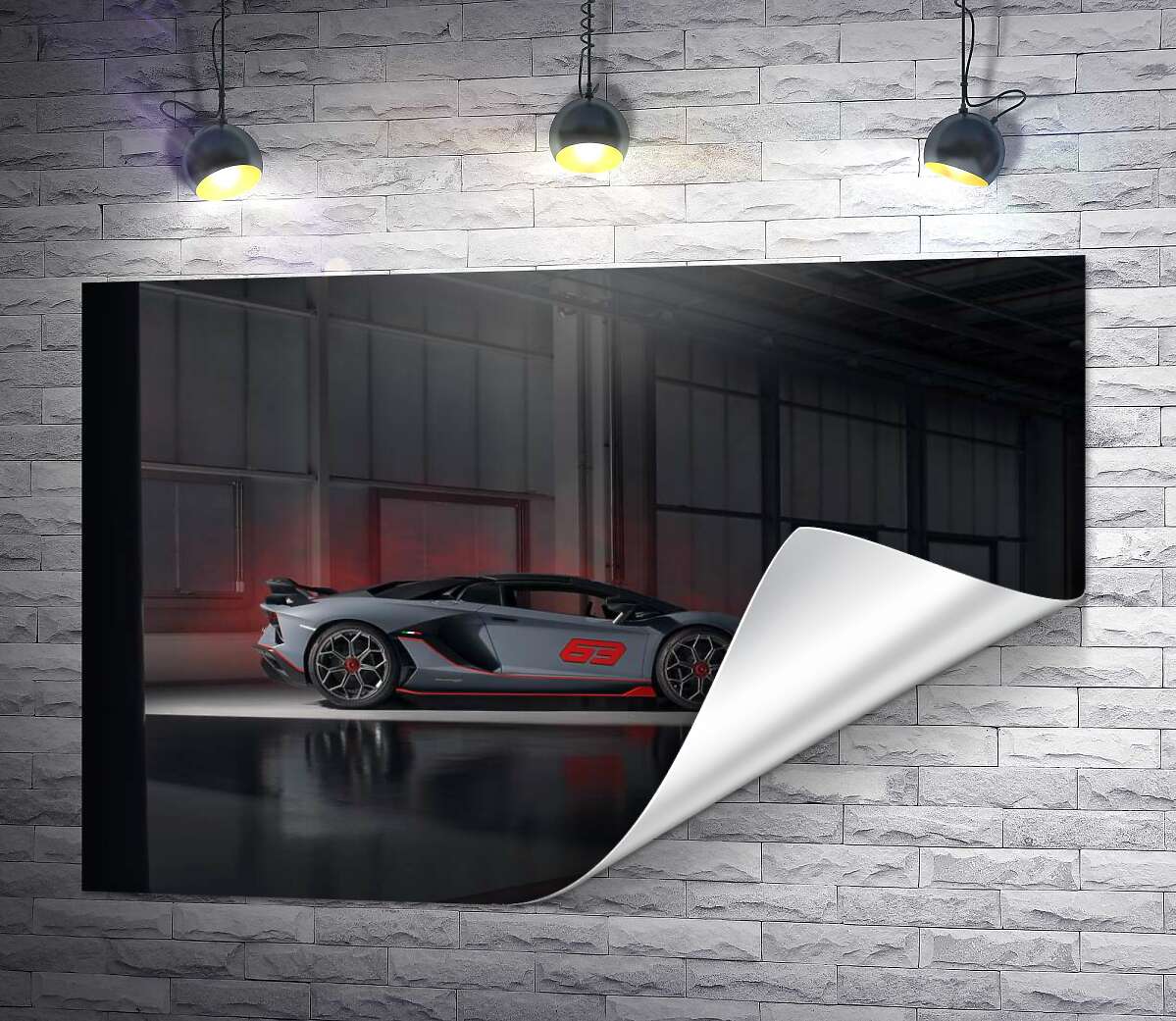 друк Сріблястий автомобіль Lamborghini Aventador S 2018 в ангарі