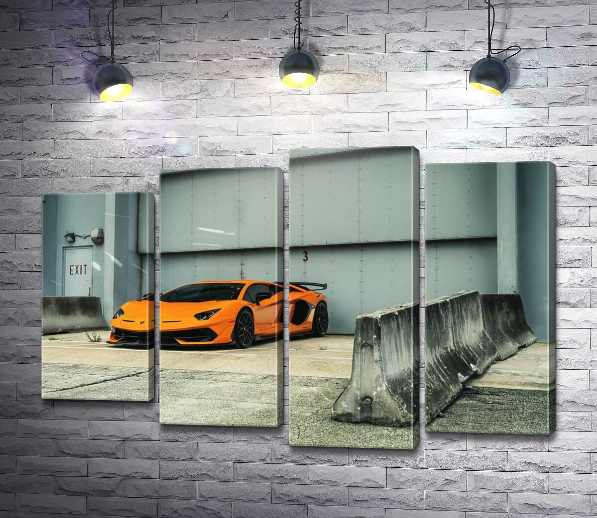 модульная картина Оранжевый автомобиль Lamborghini Aventador возле ангара (Модуль №3)