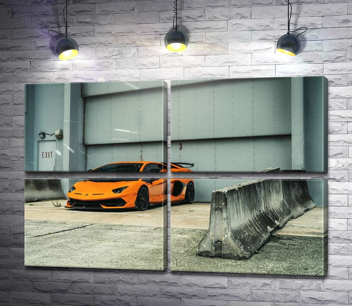 модульная картина Оранжевый автомобиль Lamborghini Aventador возле ангара (Модуль №25)