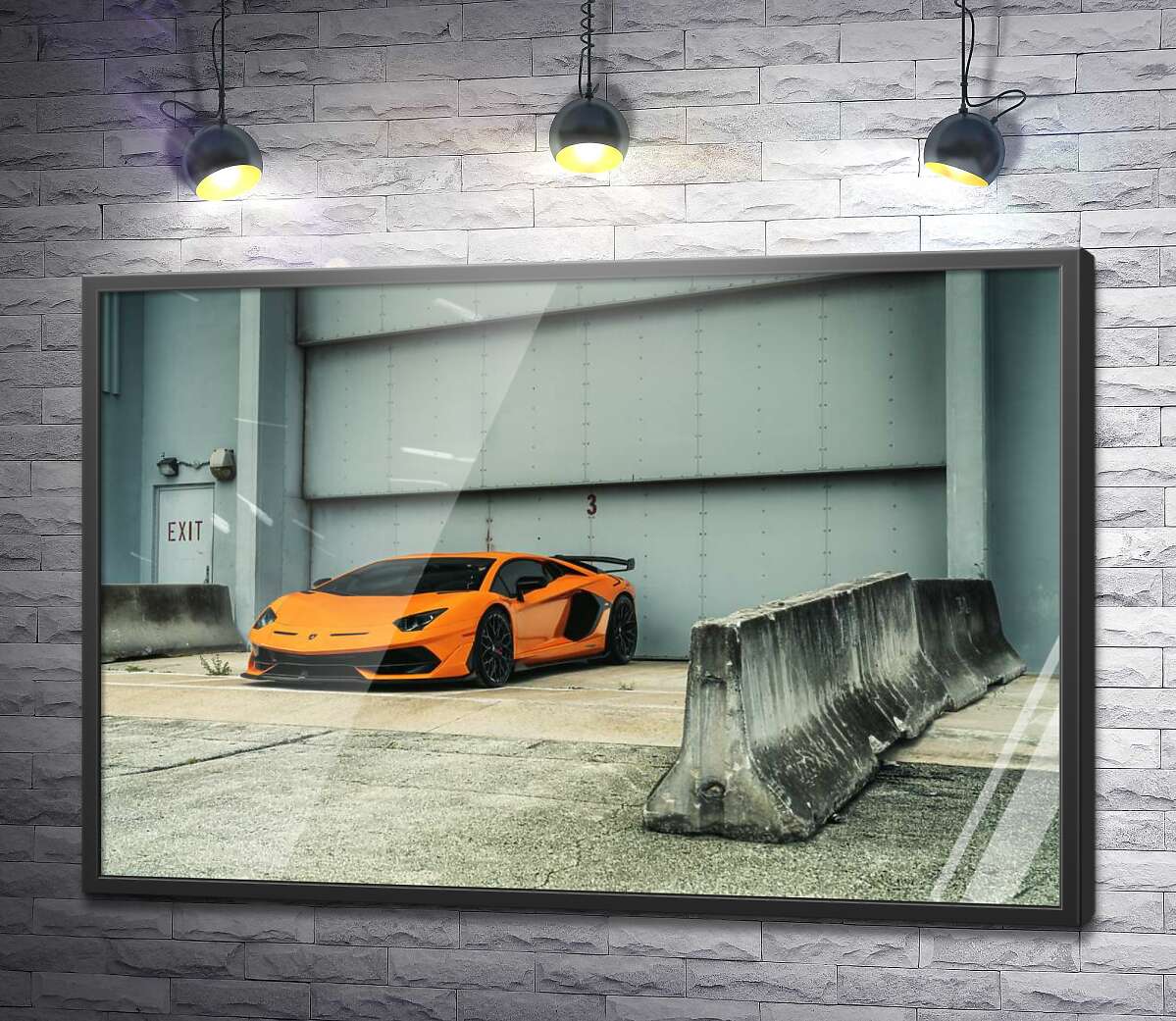 постер Оранжевый автомобиль Lamborghini Aventador возле ангара