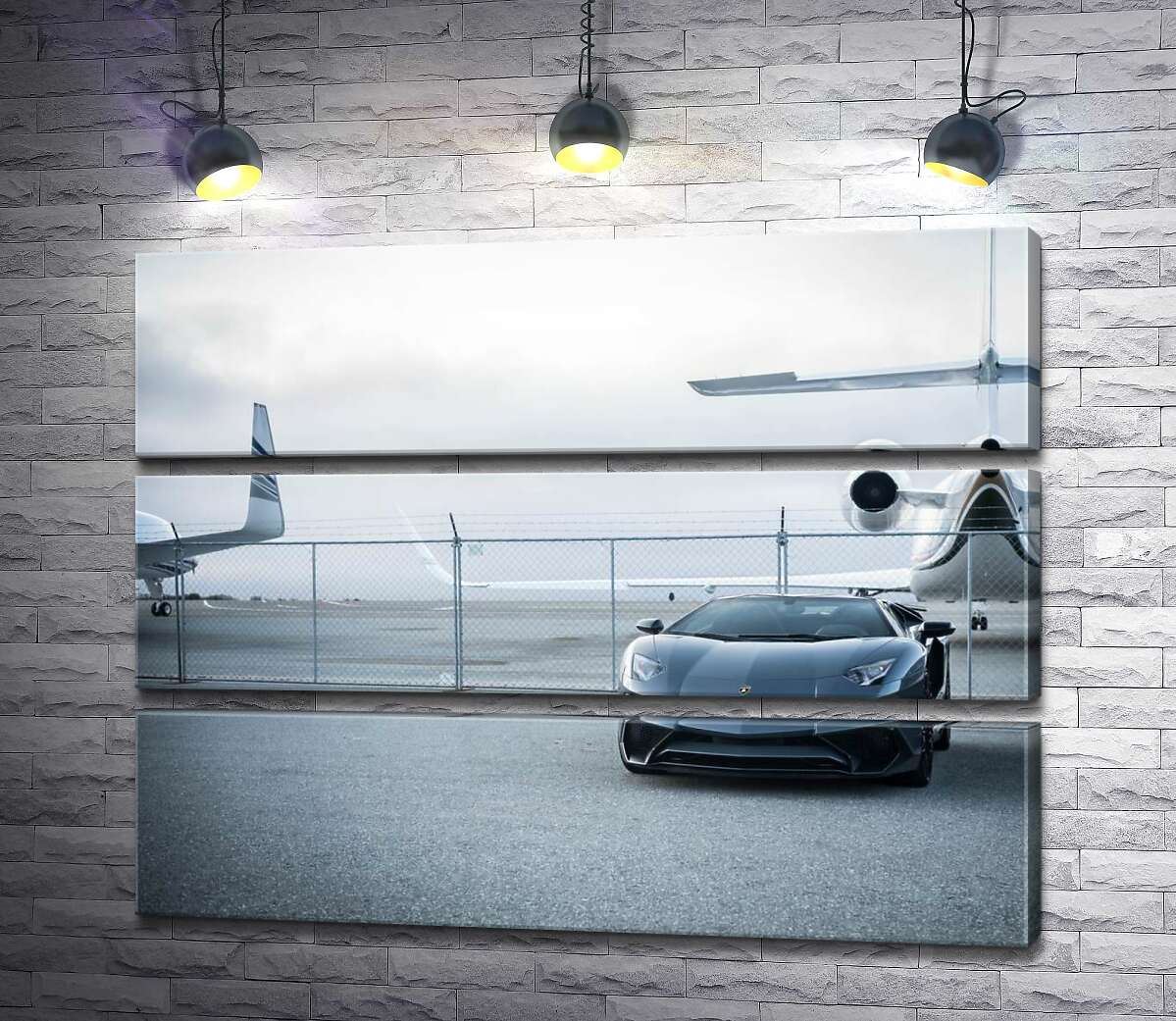 модульна картина Чорний автомобіль Lamborghini Aventador на фоні літаків (Модуль №15)
