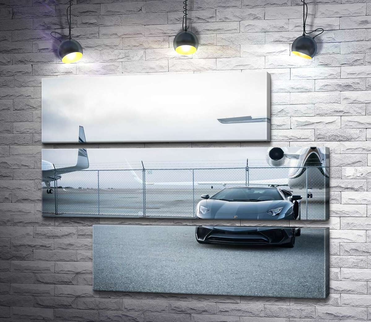 модульная картина Чёрный автомобиль Lamborghini Aventador на фоне самолетов (Модуль №16)