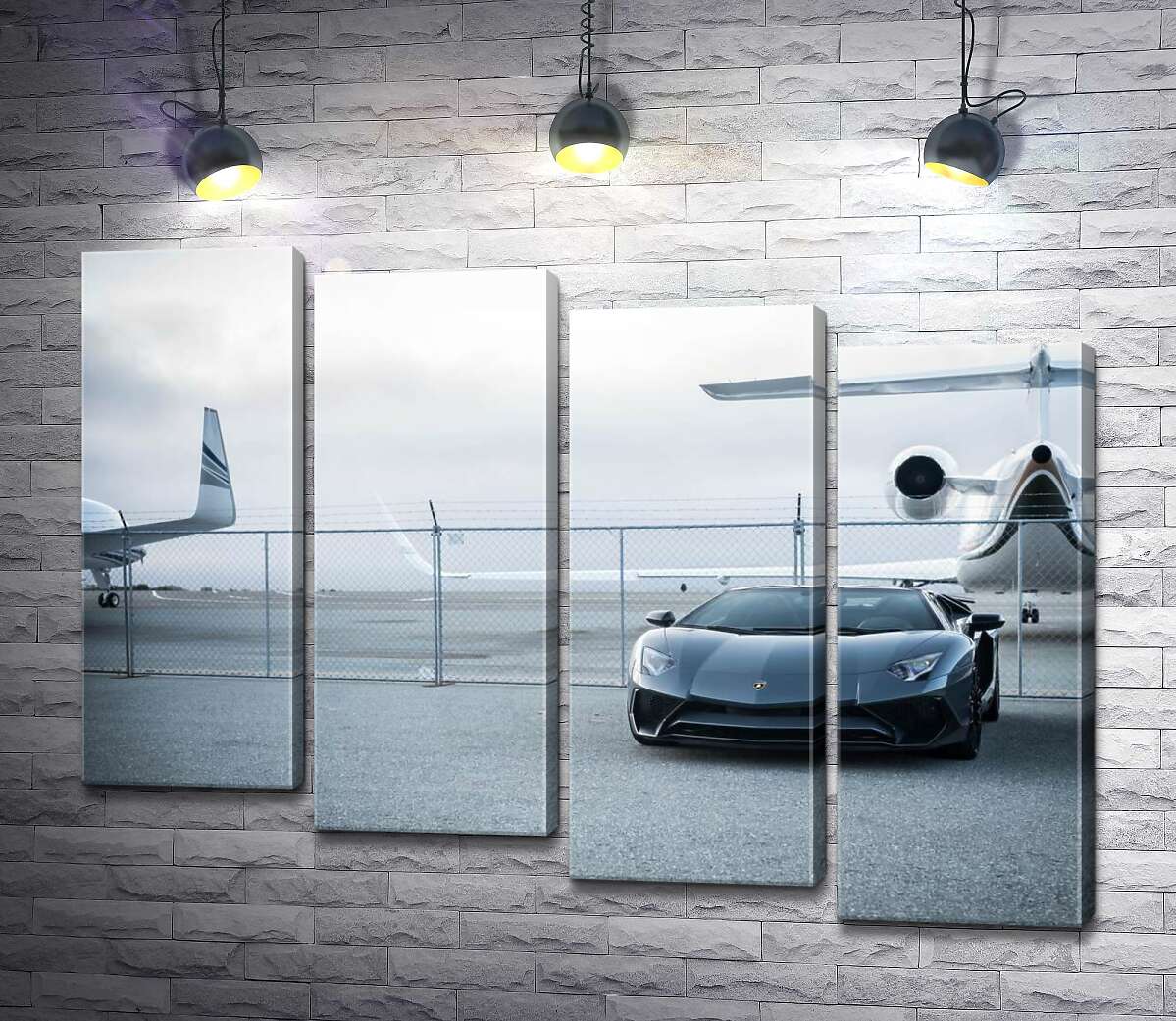 модульна картина Чорний автомобіль Lamborghini Aventador на фоні літаків (Модуль №19)