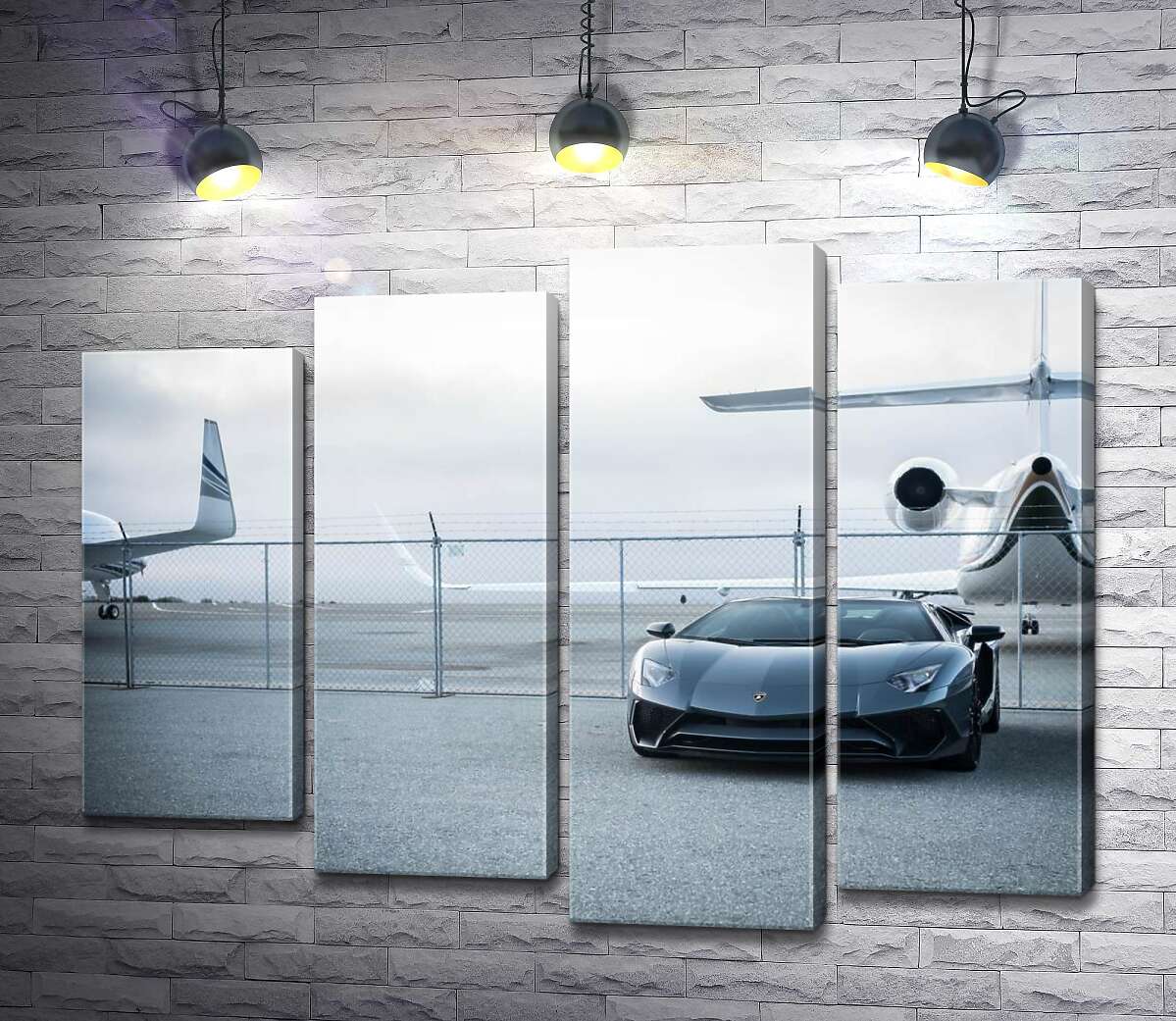модульна картина Чорний автомобіль Lamborghini Aventador на фоні літаків (Модуль №3)