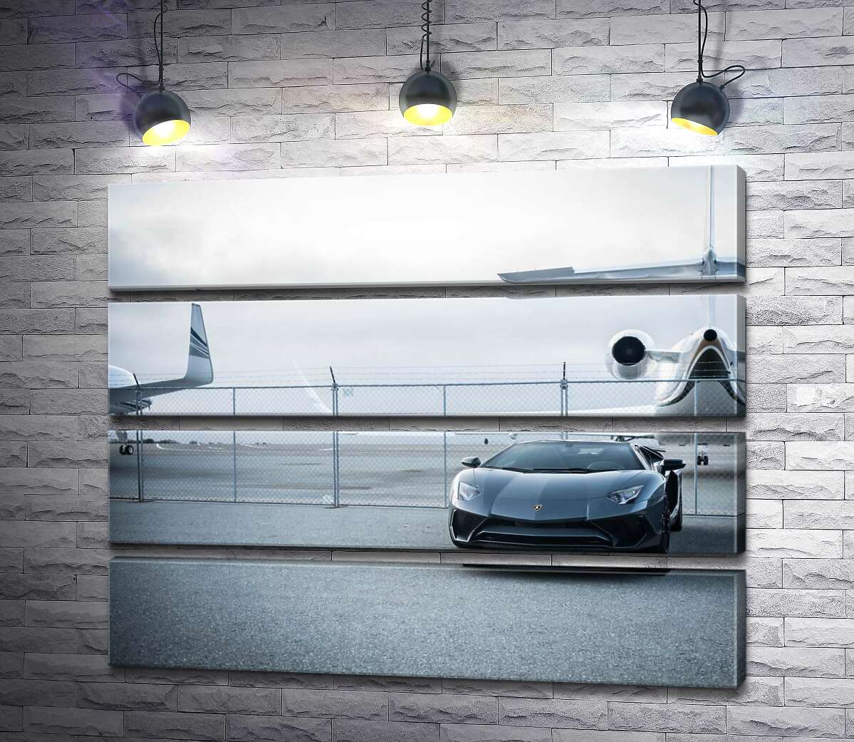 модульна картина Чорний автомобіль Lamborghini Aventador на фоні літаків (Модуль №22)