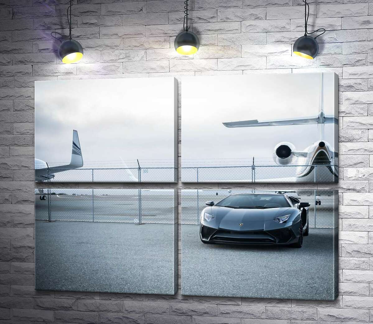модульна картина Чорний автомобіль Lamborghini Aventador на фоні літаків (Модуль №25)
