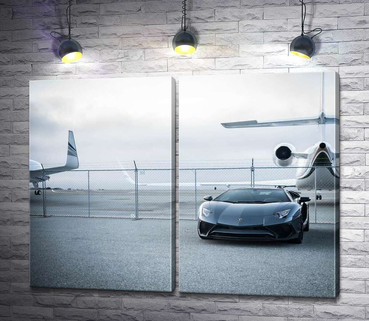 модульна картина Чорний автомобіль Lamborghini Aventador на фоні літаків