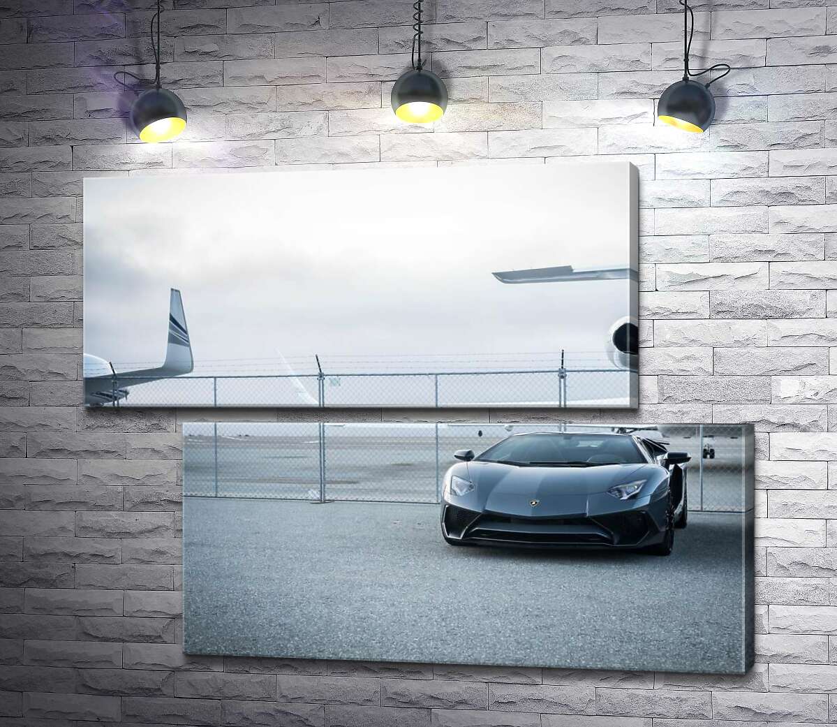 модульна картина Чорний автомобіль Lamborghini Aventador на фоні літаків (Модуль №8)