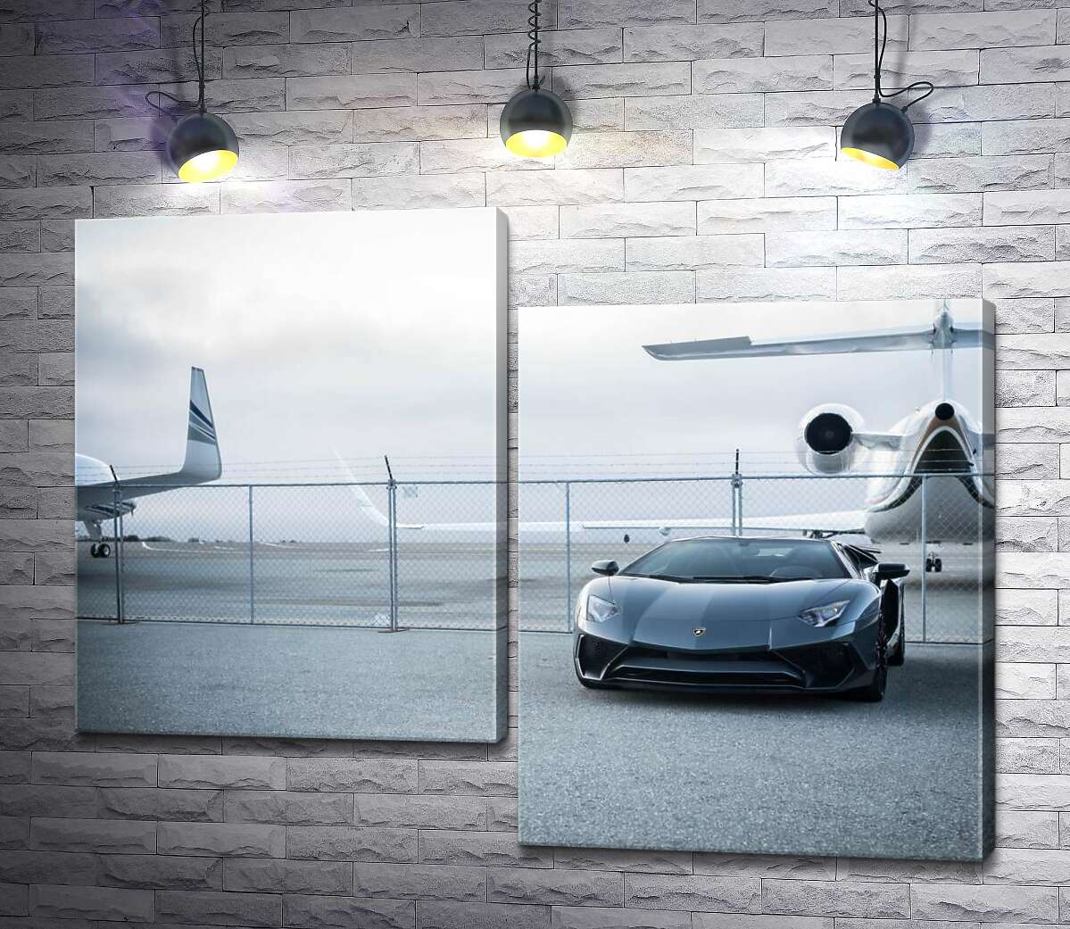 модульная картина Чёрный автомобиль Lamborghini Aventador на фоне самолетов (Модуль №9)