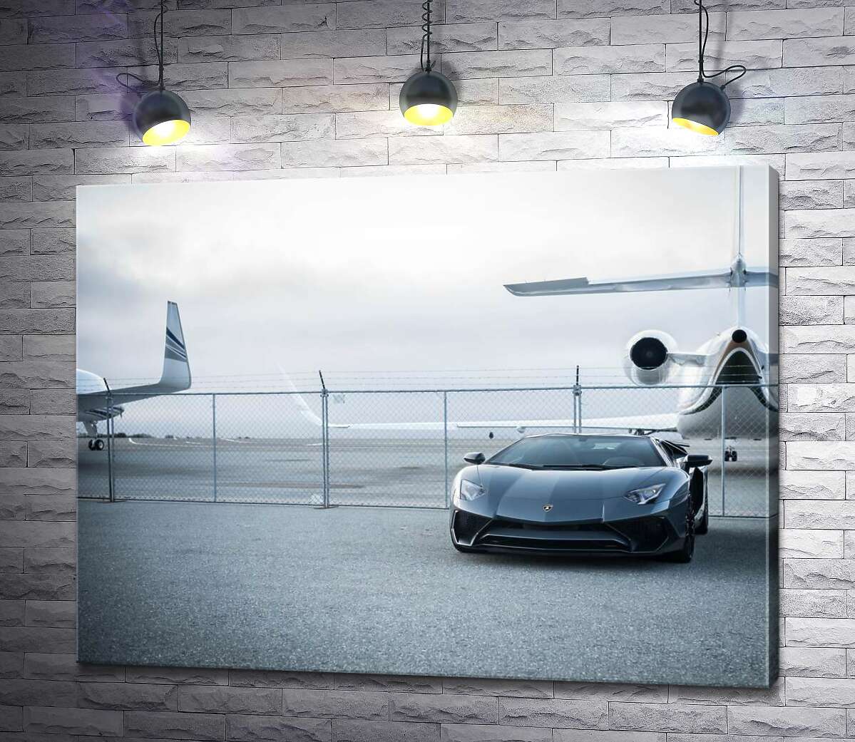 картина Чёрный автомобиль Lamborghini Aventador на фоне самолетов