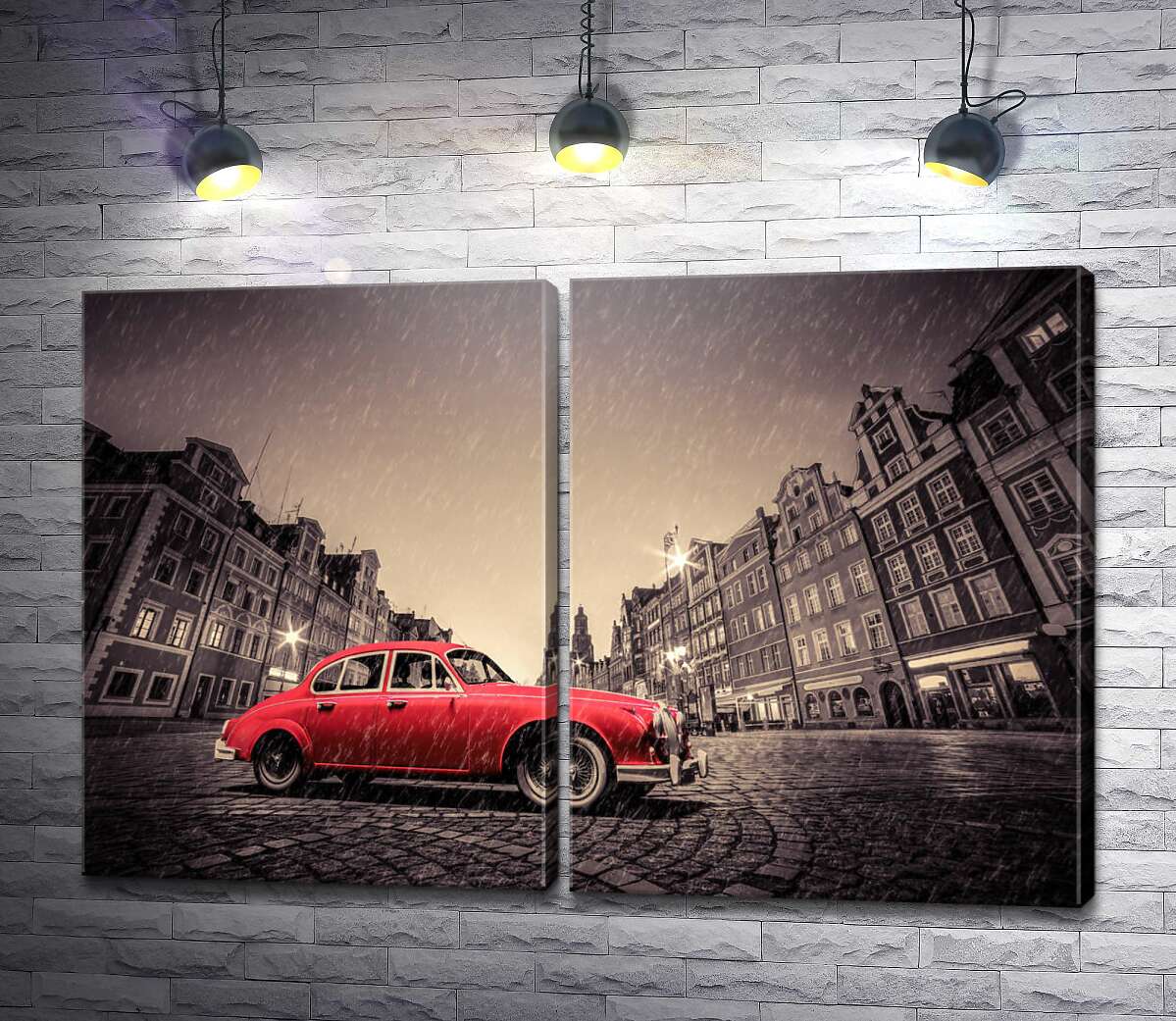 модульная картина Красный ретро-автомобиль на дождливой мостовой Вроцлава