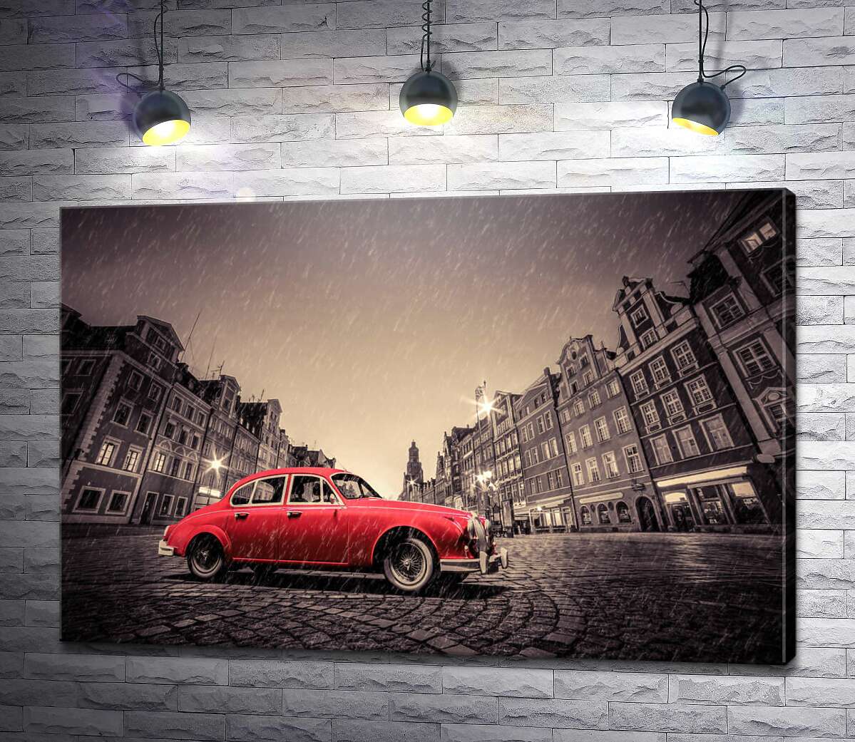 картина Красный ретро-автомобиль на дождливой мостовой Вроцлава