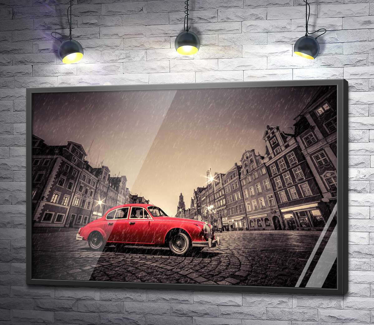 постер Красный ретро-автомобиль на дождливой мостовой Вроцлава