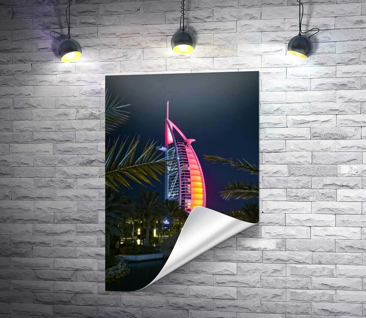 друк Нічний вид на яскраве вітрило готелю Burj Al Arab