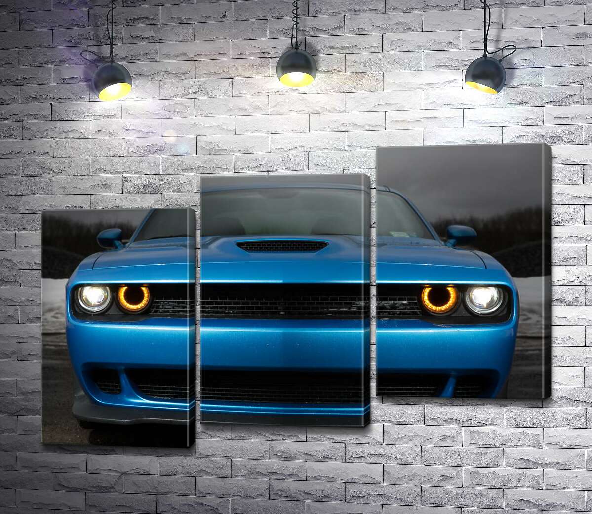 модульна картина Анфас синього автомобіля Dodge Challenger SRT Hellcat 2019 (Модуль №14)