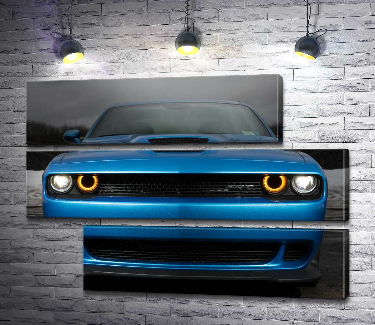 модульна картина Анфас синього автомобіля Dodge Challenger SRT Hellcat 2019 (Модуль №16)