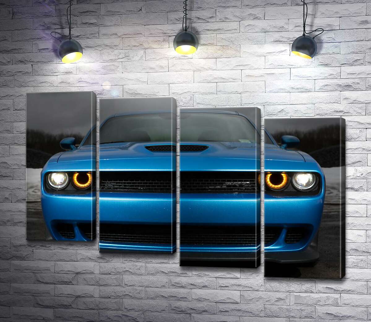 модульна картина Анфас синього автомобіля Dodge Challenger SRT Hellcat 2019 (Модуль №19)