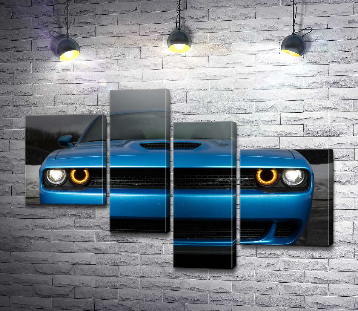модульная картина Анфас синего автомобиля Dodge Challenger SRT Hellcat 2019 (Модуль №21)