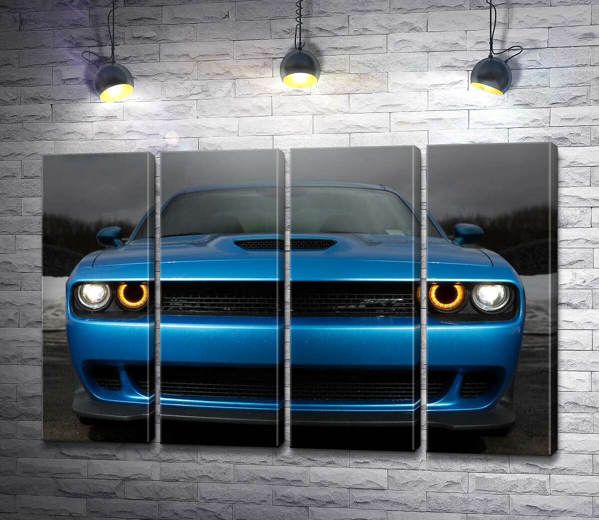 модульная картина Анфас синего автомобиля Dodge Challenger SRT Hellcat 2019 (Модуль №24)
