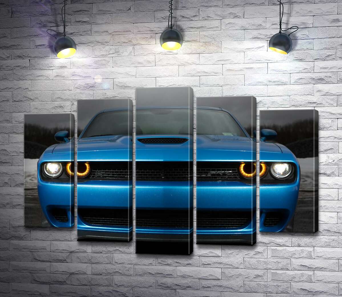 модульна картина Анфас синього автомобіля Dodge Challenger SRT Hellcat 2019 (Модуль №4)