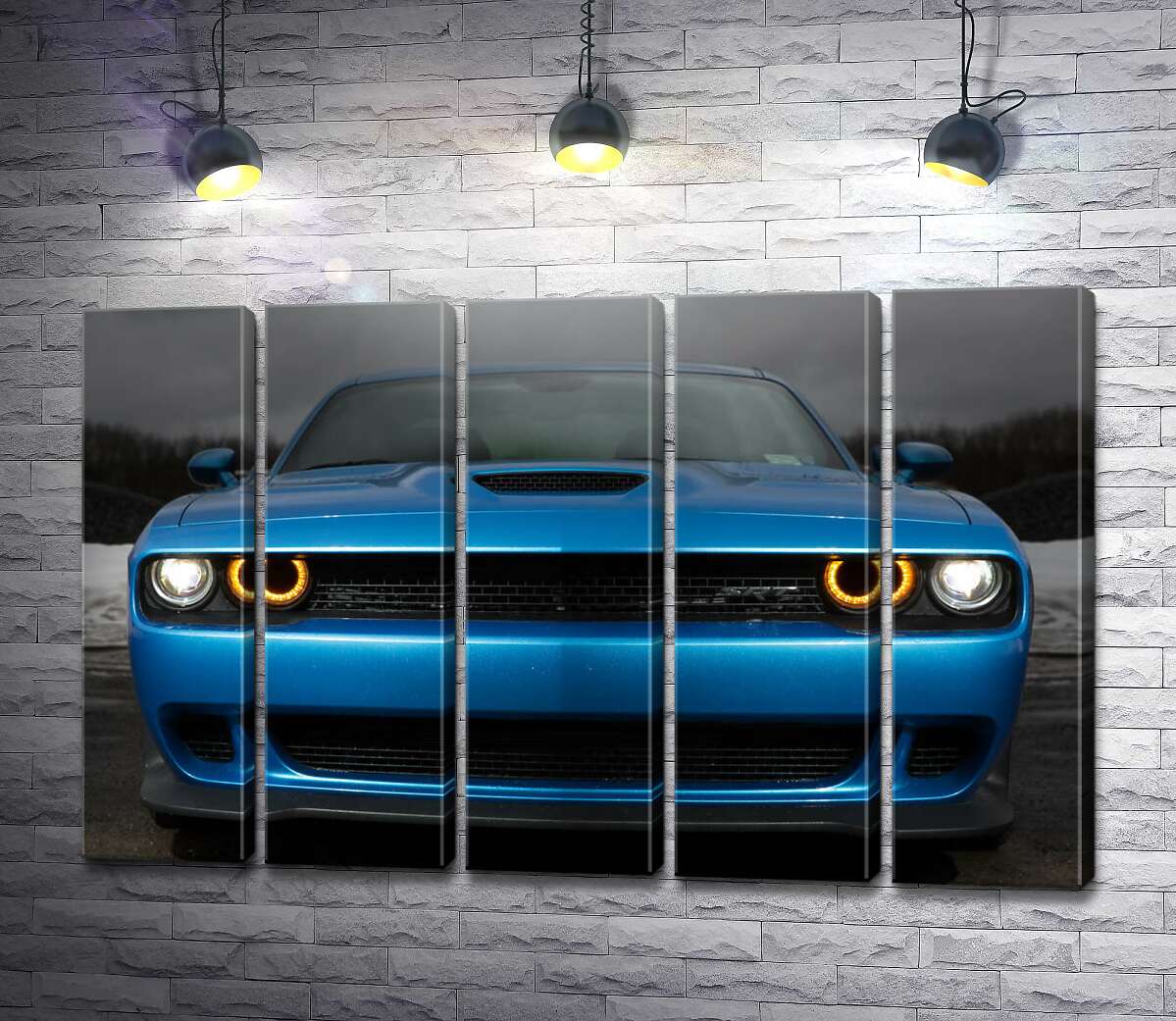 модульная картина Анфас синего автомобиля Dodge Challenger SRT Hellcat 2019 (Модуль №26)
