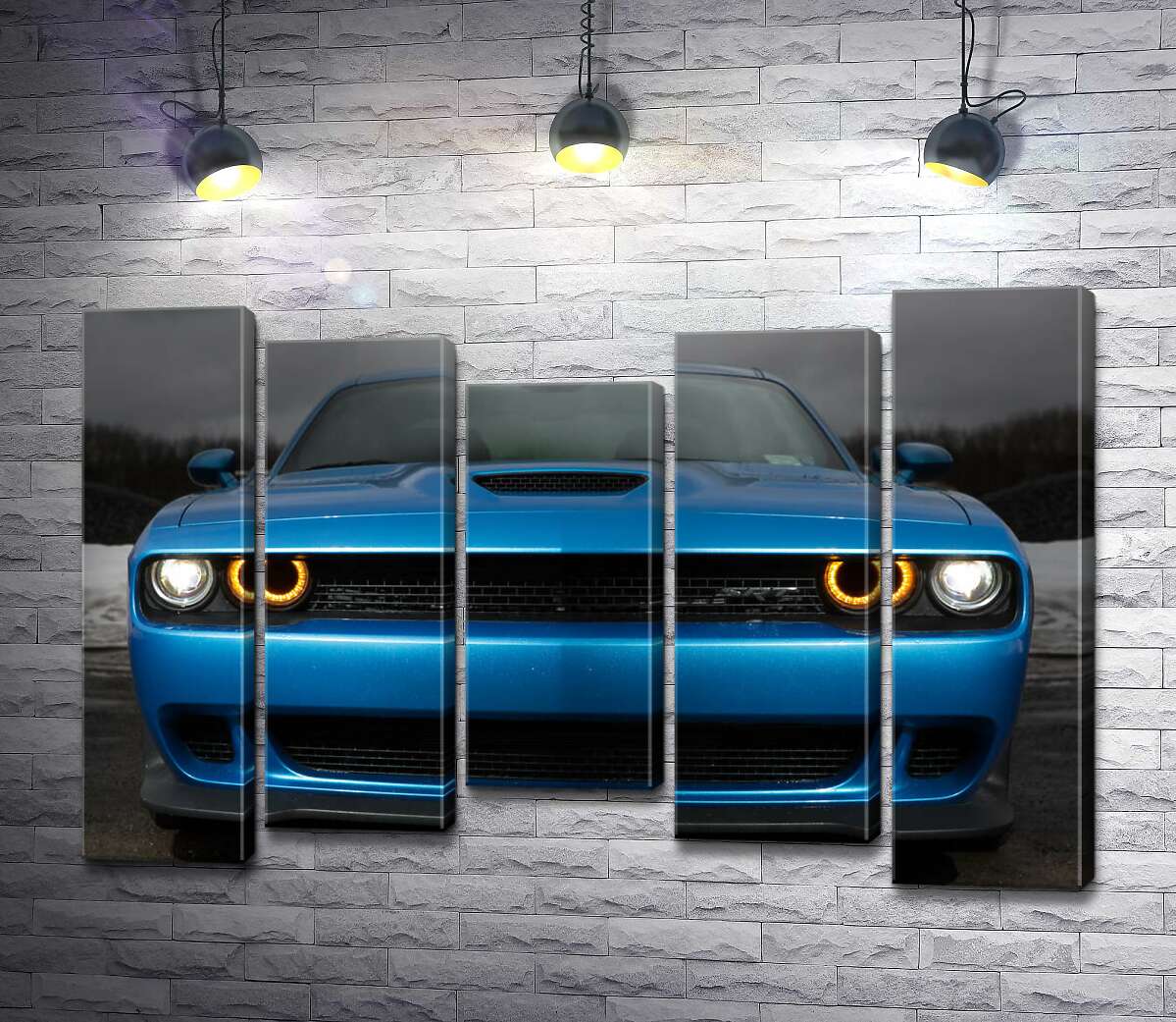 модульная картина Анфас синего автомобиля Dodge Challenger SRT Hellcat 2019 (Модуль №27)