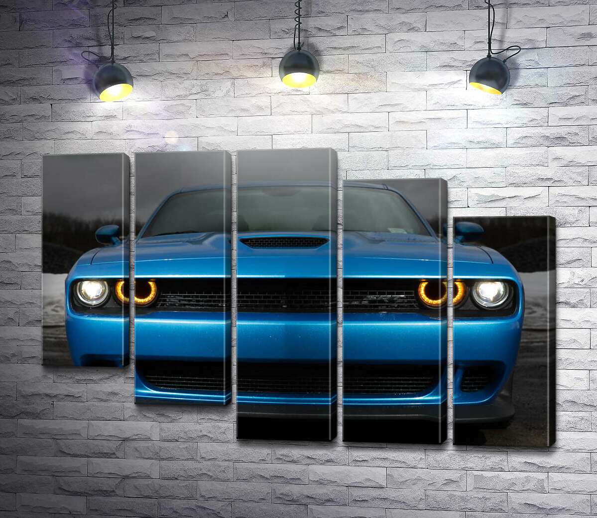 модульна картина Анфас синього автомобіля Dodge Challenger SRT Hellcat 2019 (Модуль №28)
