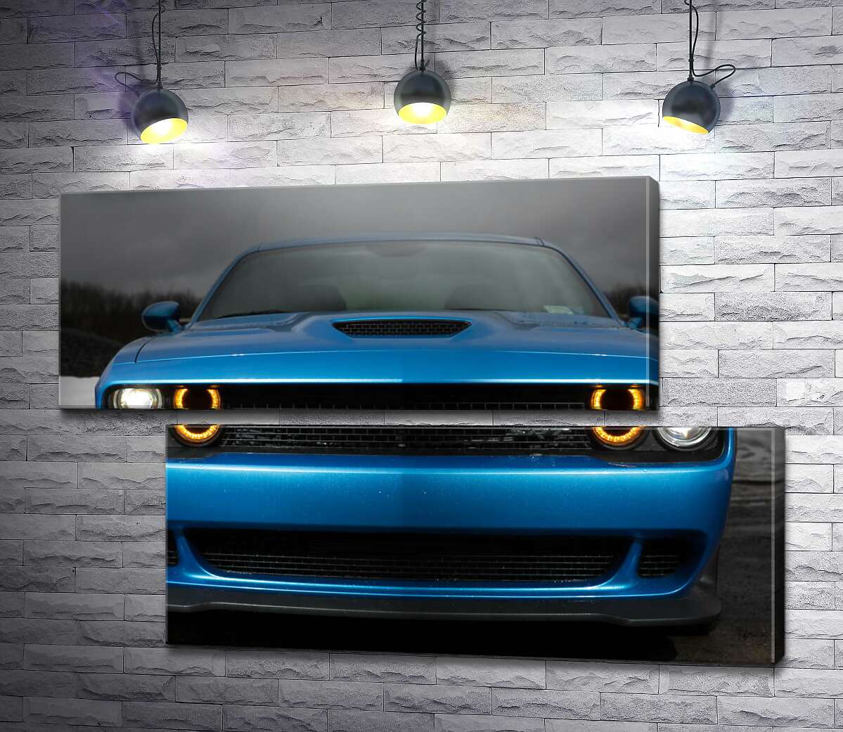 модульна картина Анфас синього автомобіля Dodge Challenger SRT Hellcat 2019 (Модуль №8)