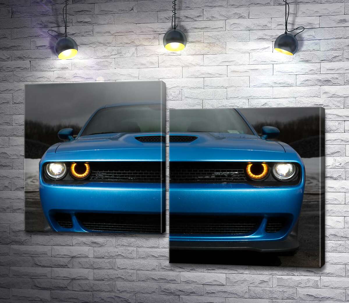 модульная картина Анфас синего автомобиля Dodge Challenger SRT Hellcat 2019 (Модуль №9)