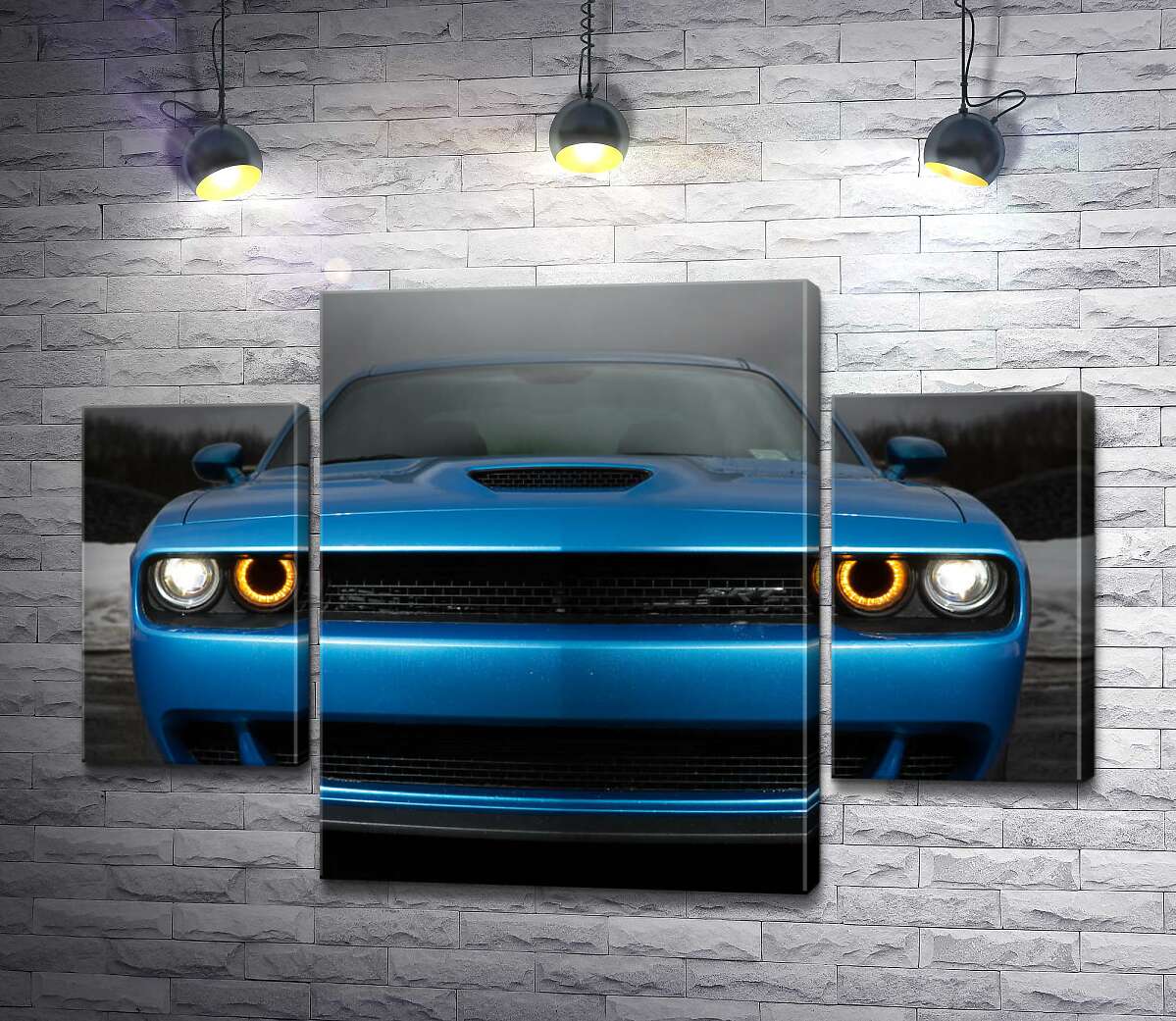 модульна картина Анфас синього автомобіля Dodge Challenger SRT Hellcat 2019 (Модуль №5)