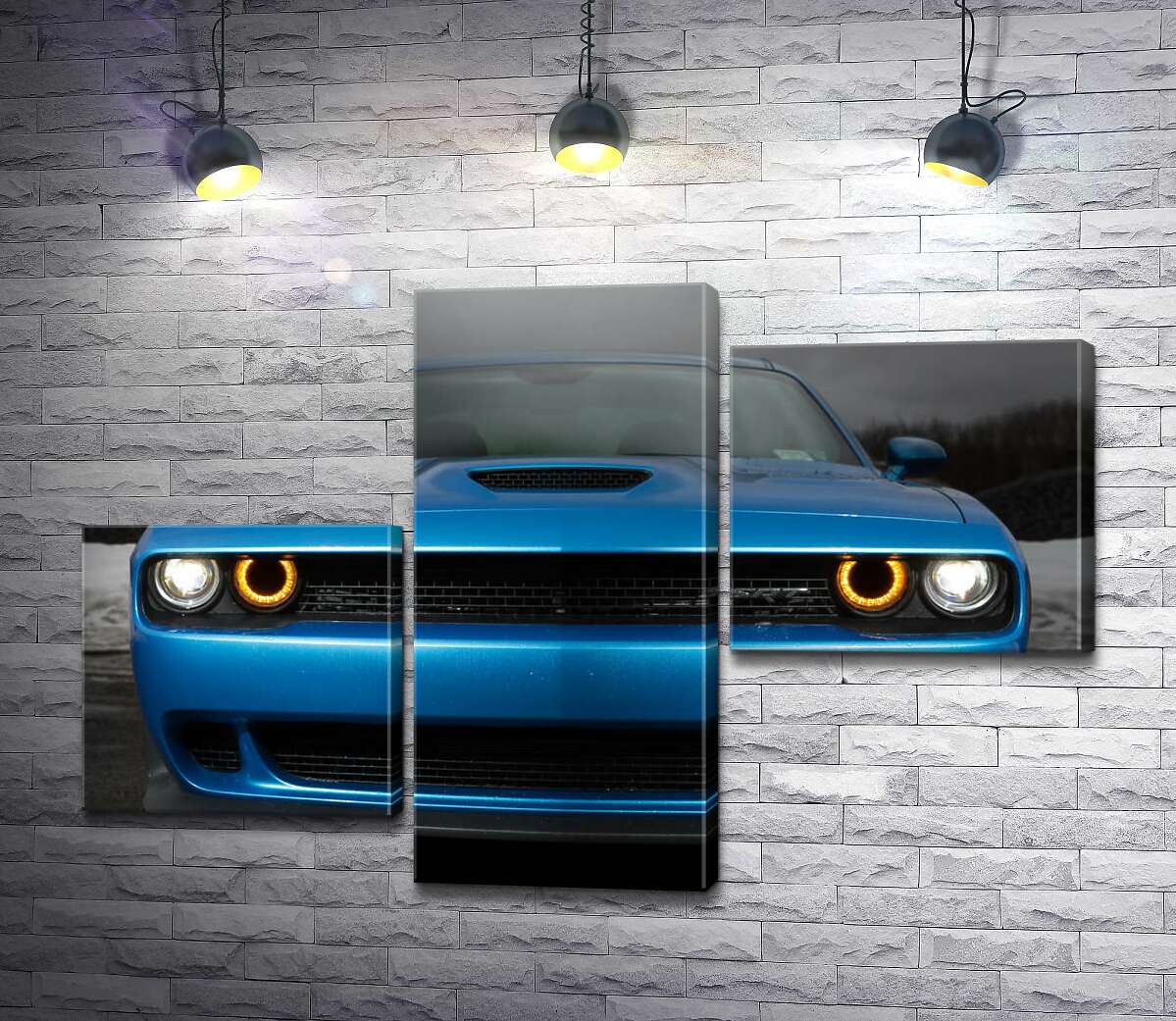 модульна картина Анфас синього автомобіля Dodge Challenger SRT Hellcat 2019 (Модуль №12)