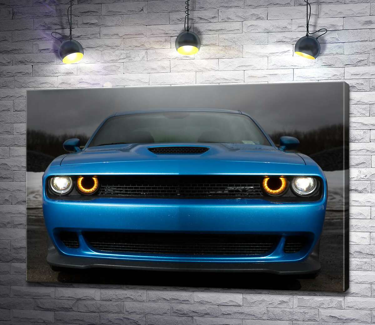 картина Анфас синього автомобіля Dodge Challenger SRT Hellcat 2019