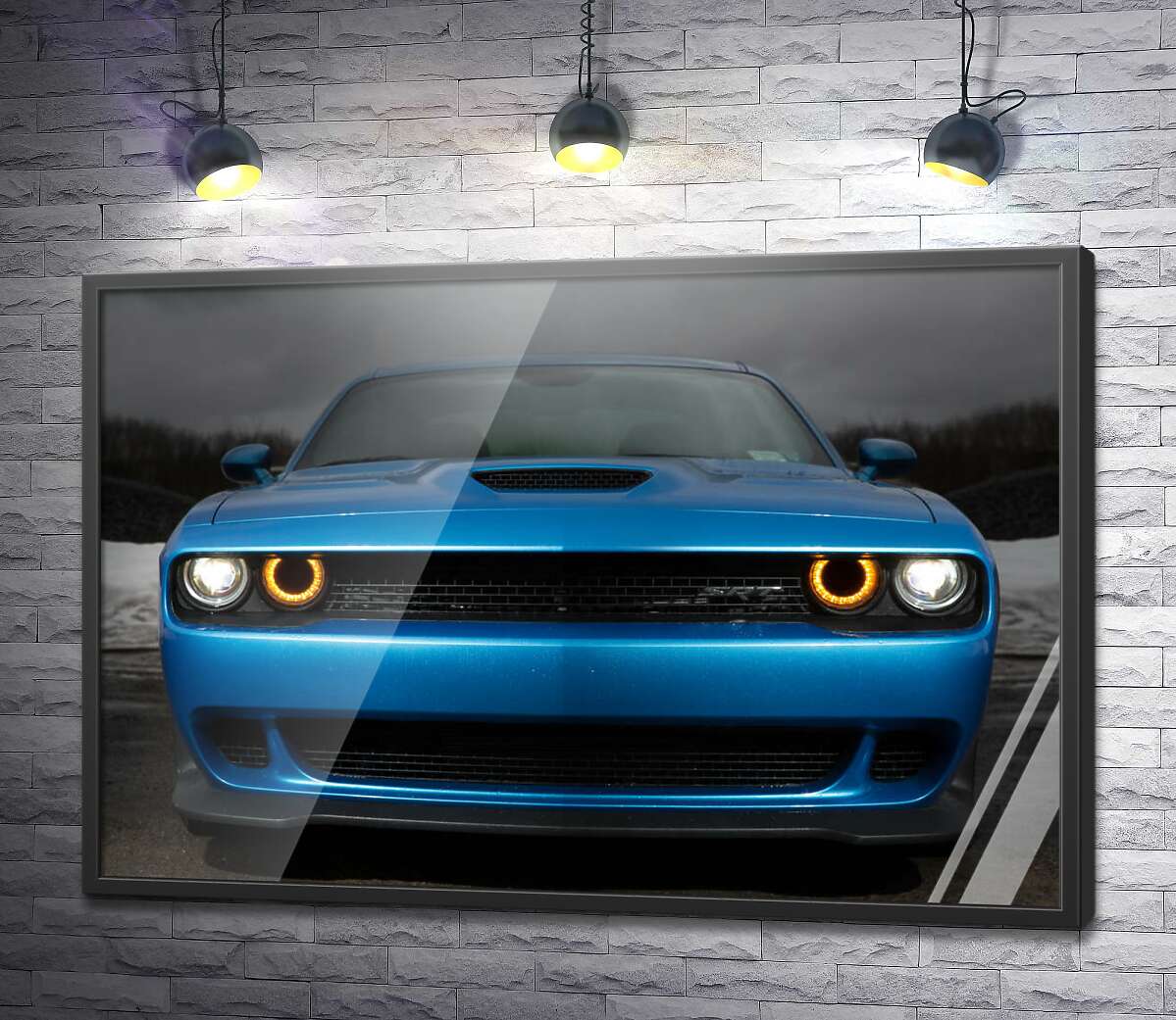 постер Анфас синего автомобиля Dodge Challenger SRT Hellcat 2019