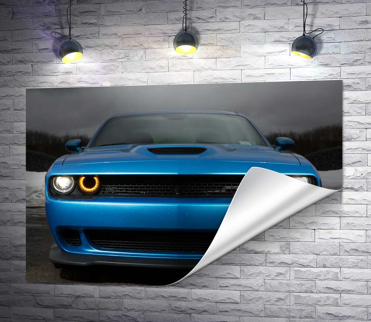 печать Анфас синего автомобиля Dodge Challenger SRT Hellcat 2019