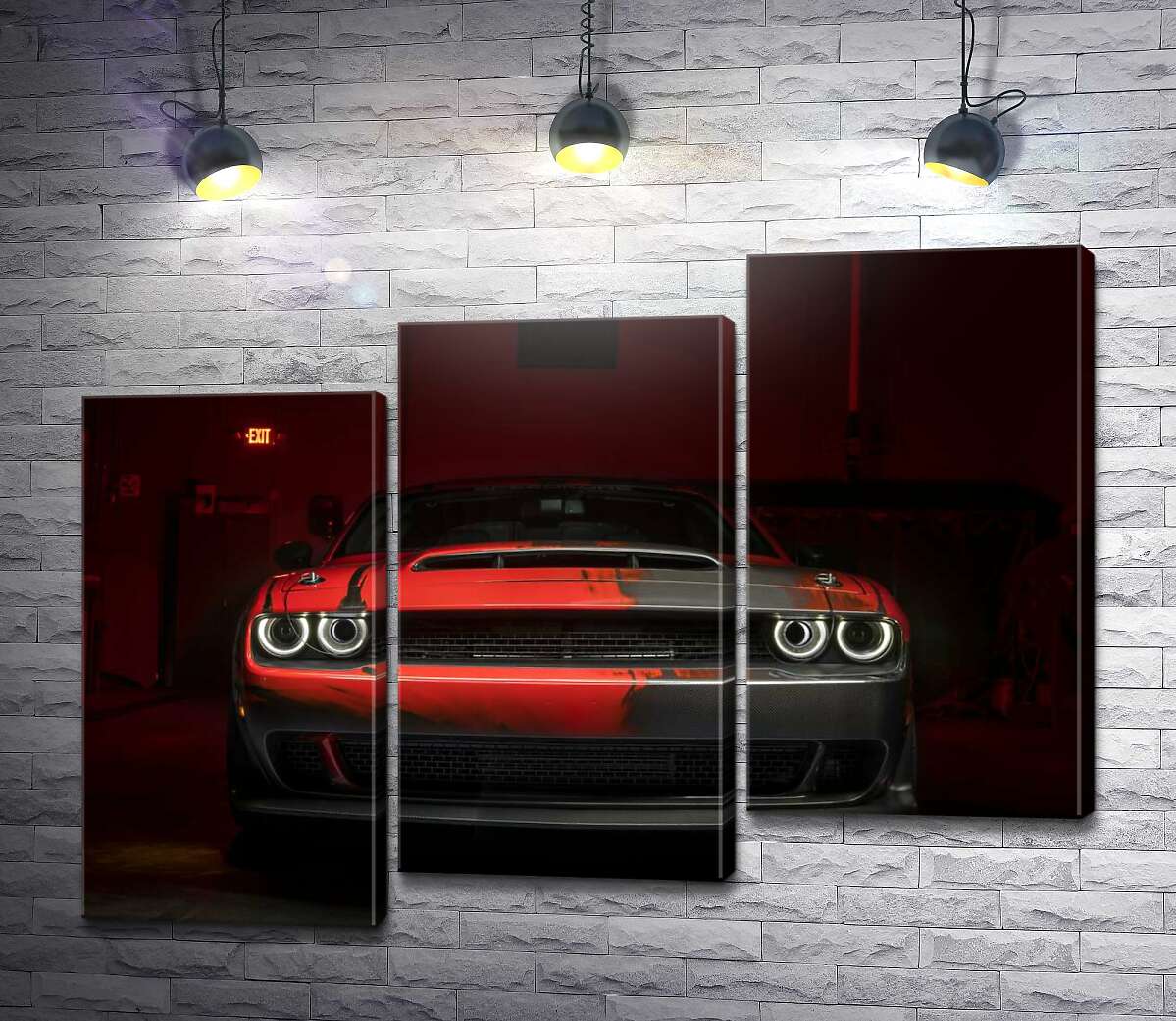 модульная картина Загадочный красный автомобиль Dodge Challenger выезжает из тени (Модуль №14)