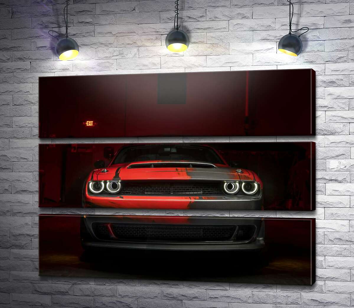 модульна картина Загадковий червоний автомобіль Dodge Challenger виїжджає з тіні (Модуль №15)