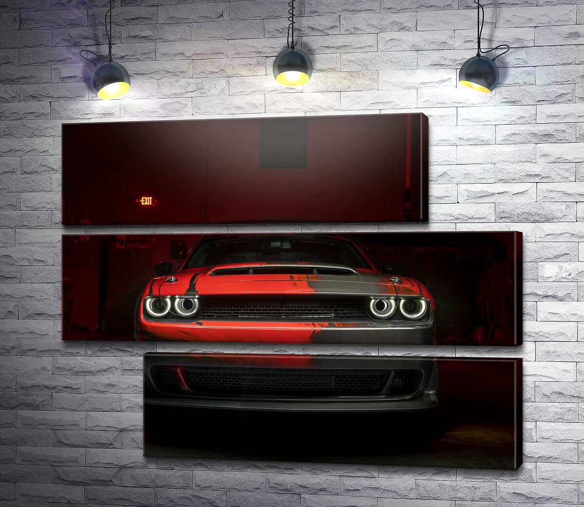 модульна картина Загадковий червоний автомобіль Dodge Challenger виїжджає з тіні (Модуль №16)