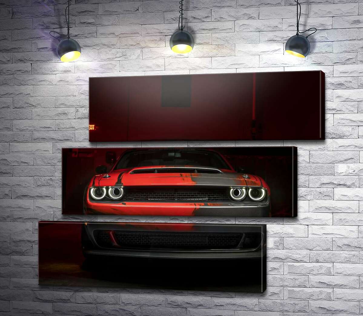 модульная картина Загадочный красный автомобиль Dodge Challenger выезжает из тени (Модуль №17)