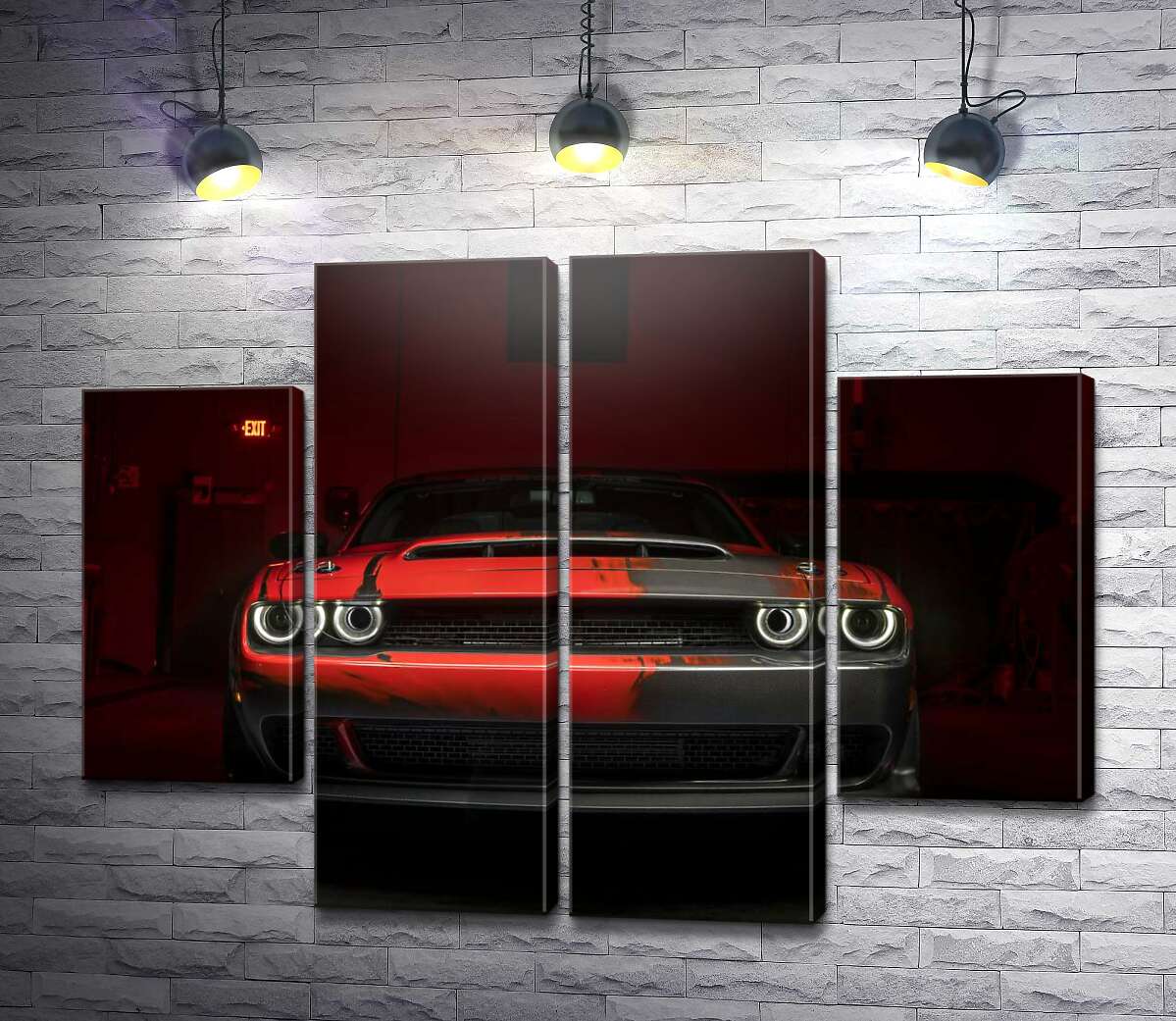 модульна картина Загадковий червоний автомобіль Dodge Challenger виїжджає з тіні (Модуль №20)