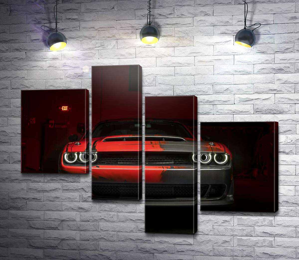 модульная картина Загадочный красный автомобиль Dodge Challenger выезжает из тени (Модуль №21)
