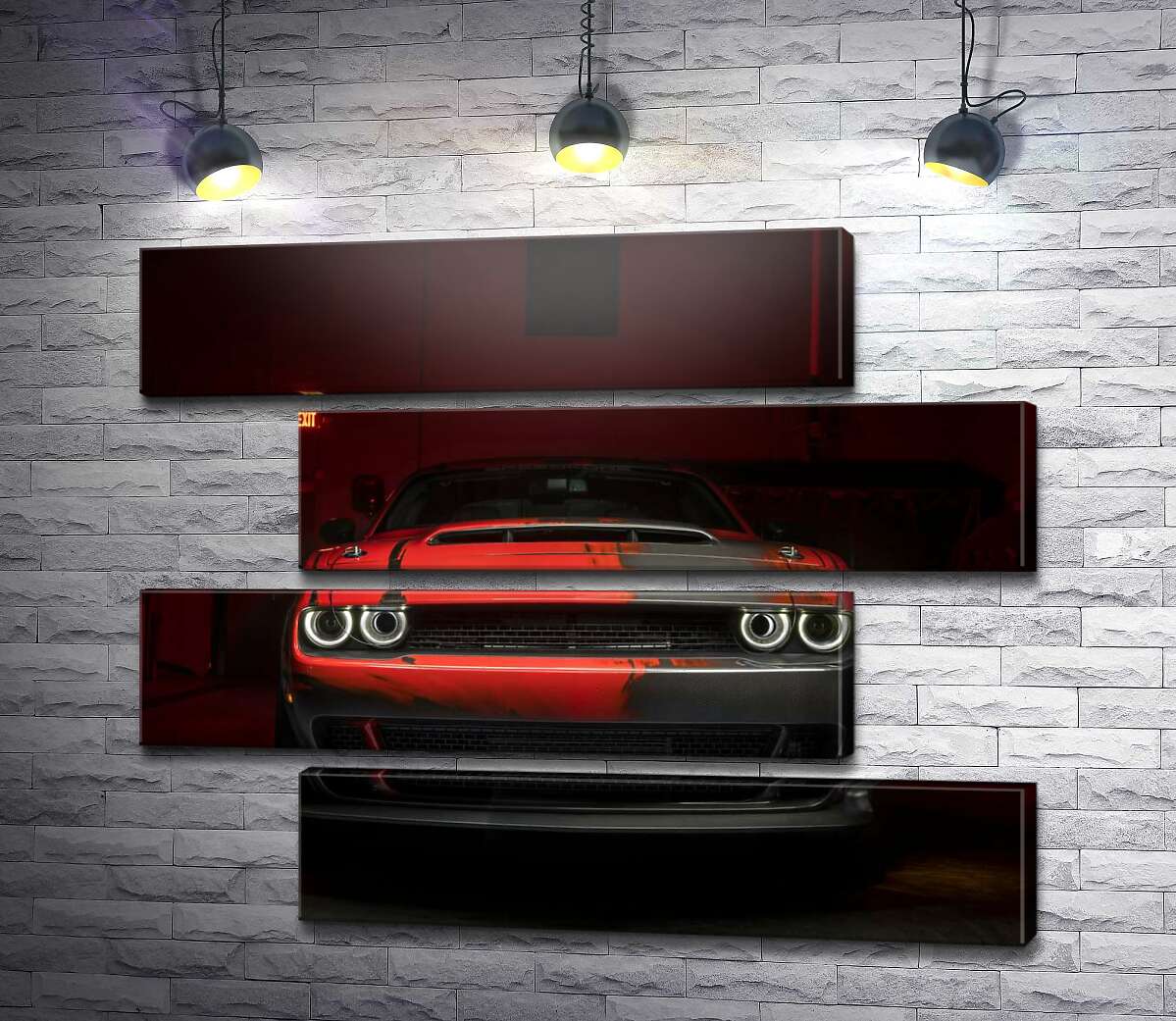 модульная картина Загадочный красный автомобиль Dodge Challenger выезжает из тени (Модуль №23)