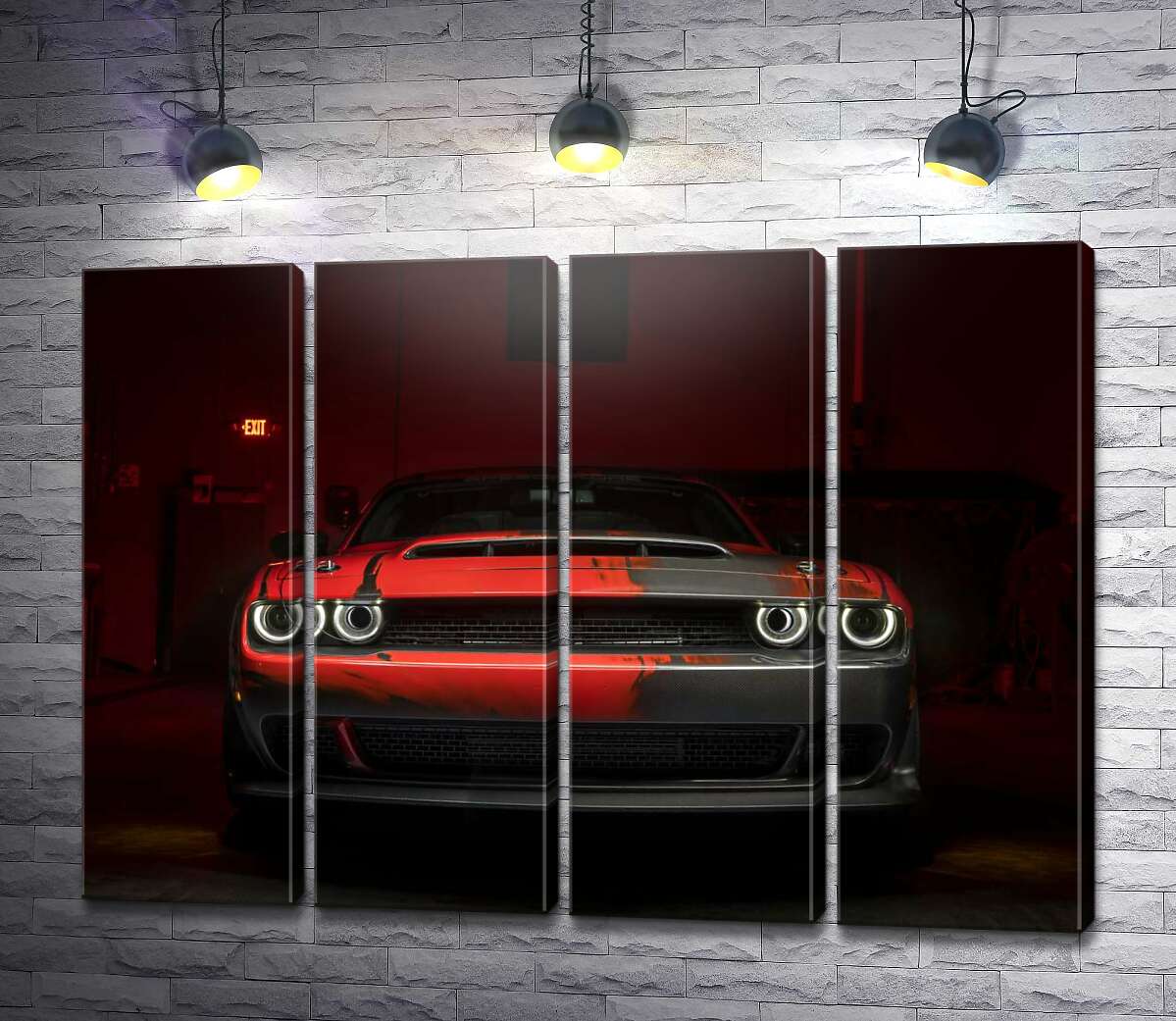 модульна картина Загадковий червоний автомобіль Dodge Challenger виїжджає з тіні (Модуль №24)