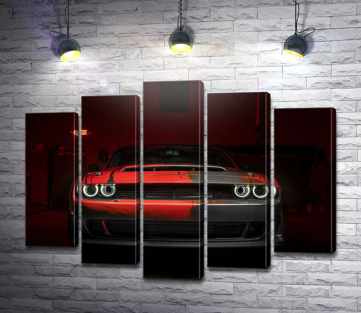 модульна картина Загадковий червоний автомобіль Dodge Challenger виїжджає з тіні (Модуль №4)