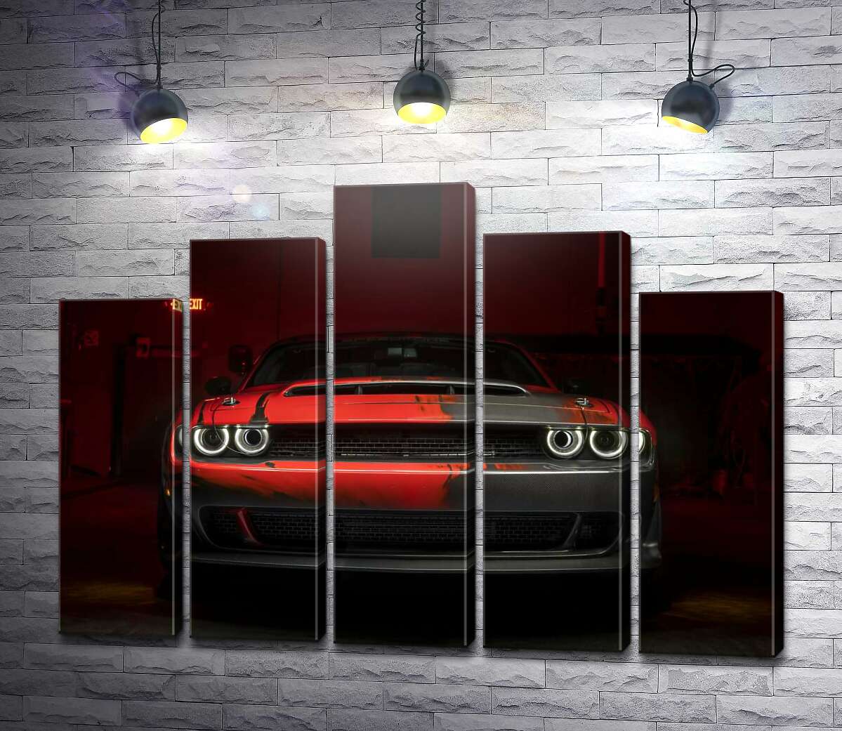 модульна картина Загадковий червоний автомобіль Dodge Challenger виїжджає з тіні (Модуль №29)