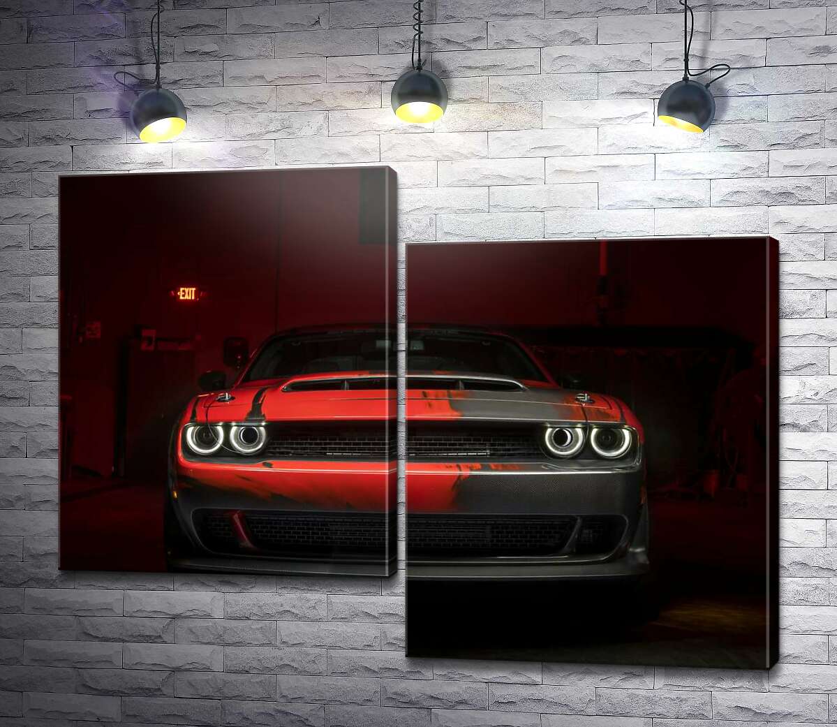 модульна картина Загадковий червоний автомобіль Dodge Challenger виїжджає з тіні (Модуль №9)