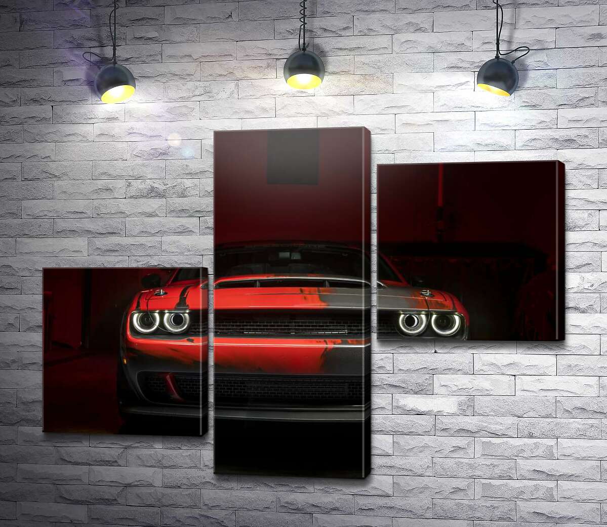 модульная картина Загадочный красный автомобиль Dodge Challenger выезжает из тени (Модуль №12)